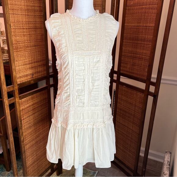 Rebecca Taylor Ruched Lace Cotton Dress Ivory Size 10 Sleeveless Mini Dress - Picture 2 of 10